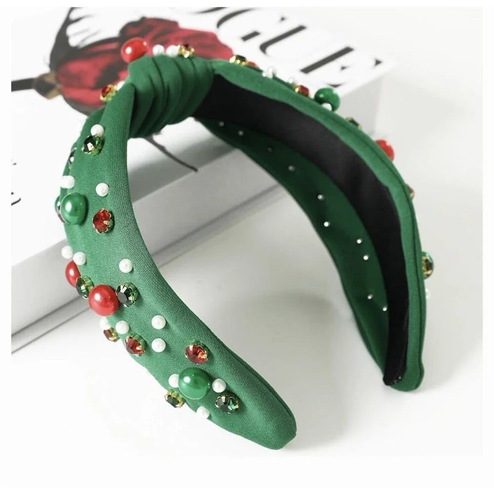 Green Christmas Pearl Rhinestone Non Slip Wide Top Knotted Headband Crystal